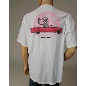 Call Your Mother Reckless White Graphic T-Shirt Men's XL Skeleton Driving #WM1